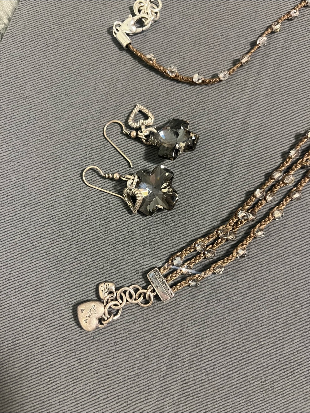 Brighton Two-Tone Braided Necklace with Smoky Gray Crystal Flower Earrings